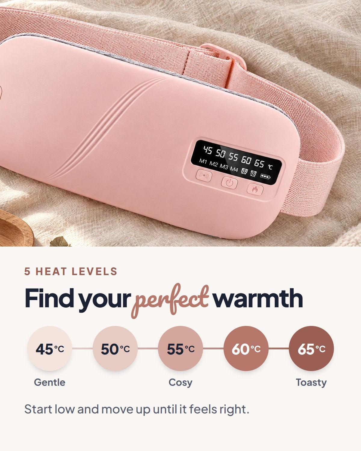 5 heat levels on the Mello Soothe belt: 45, 50, 55, 60 and 65°C