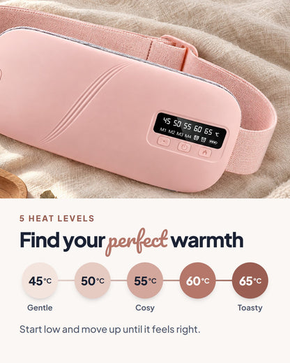 5 heat levels on the Mello Soothe belt: 45, 50, 55, 60 and 65°C