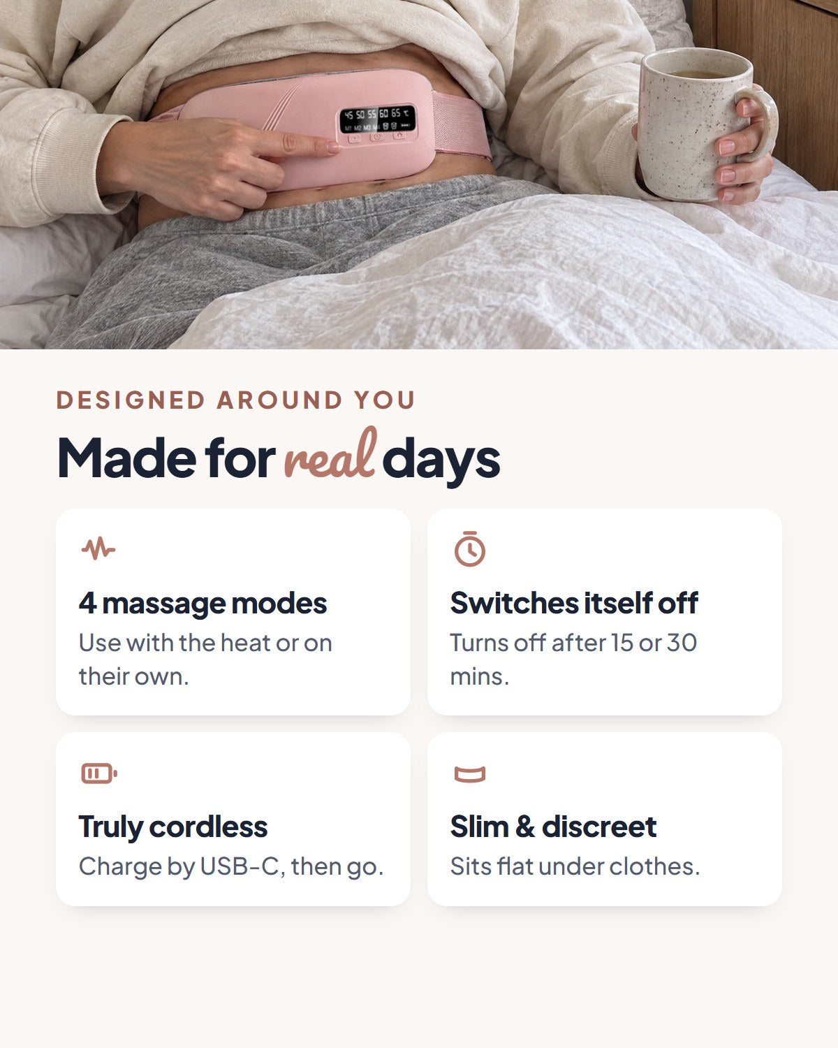 Mello Soothe features: 4 massage modes, automatic shut-off after 15 or 30 minutes, cordless USB-C charging, slim and discreet under clothes
