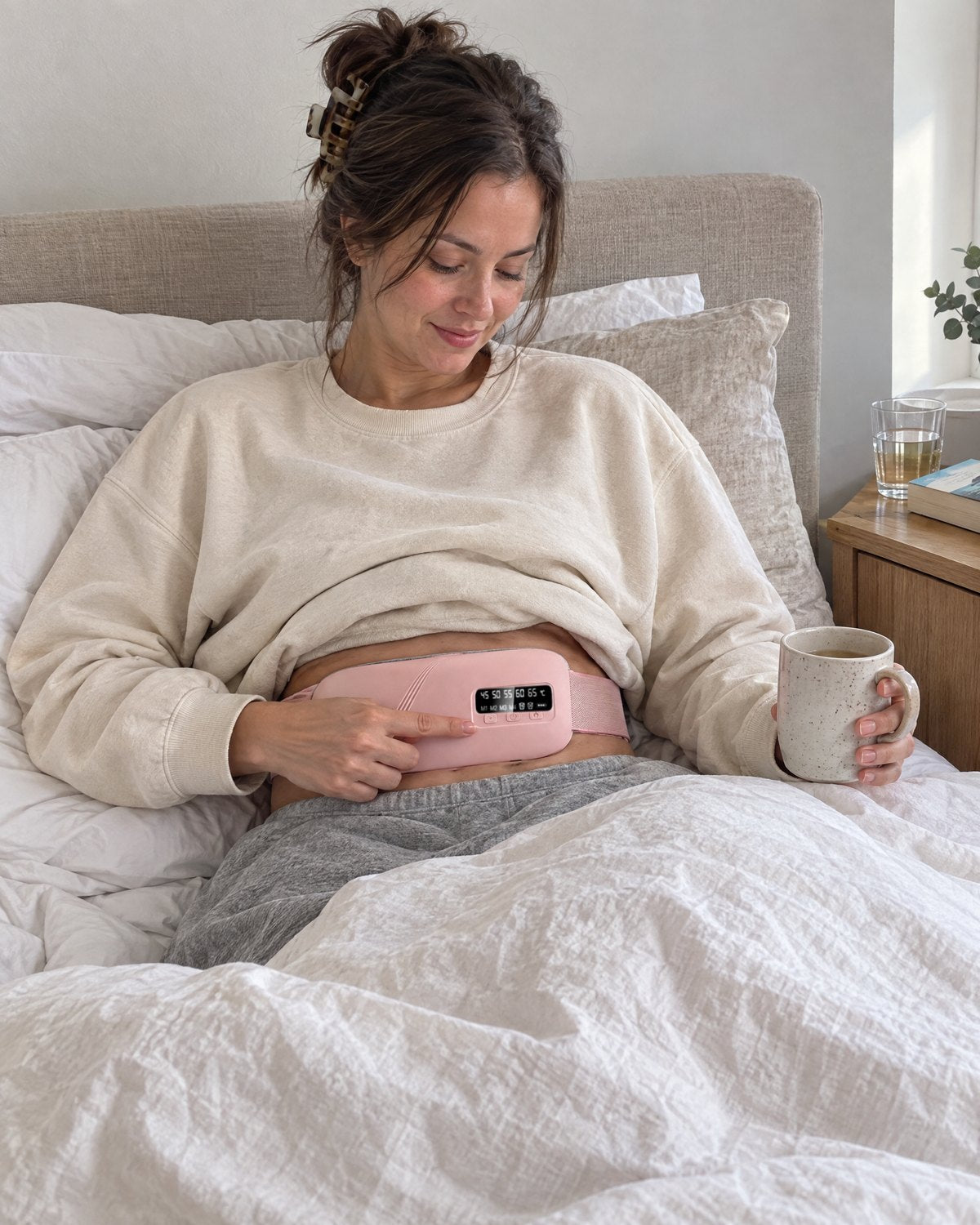 Woman sitting up in bed with a cup of tea, adjusting the Mello Soothe heat belt
