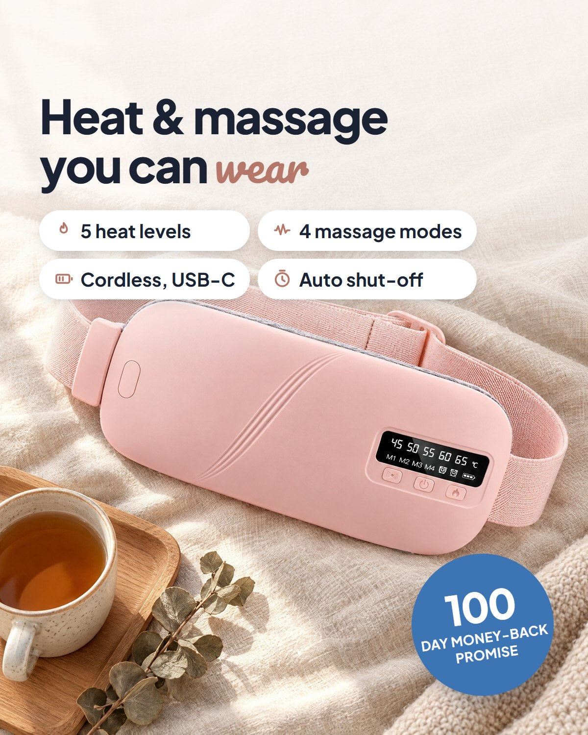 Mello Soothe heat and massage belt on a linen throw: 5 heat levels, 4 massage modes, cordless USB-C charging, auto shut-off, 100-day money-back promise
