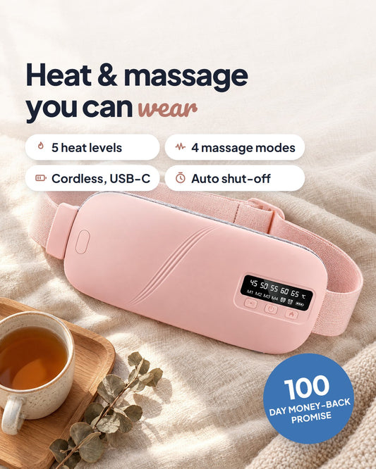 Mello Soothe heat and massage belt on a linen throw: 5 heat levels, 4 massage modes, cordless USB-C charging, auto shut-off, 100-day money-back promise