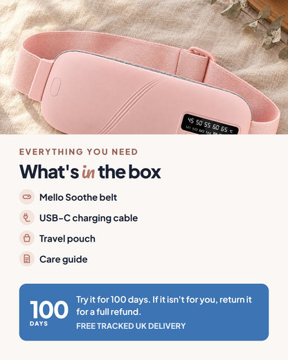 In the box: Mello Soothe belt, USB-C charging cable, travel pouch and care guide, with a 100-day money-back promise