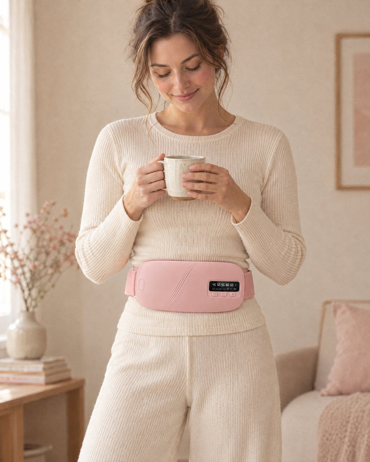 Woman holding a mug of tea while wearing the pink Mello Soothe heat and massage belt
